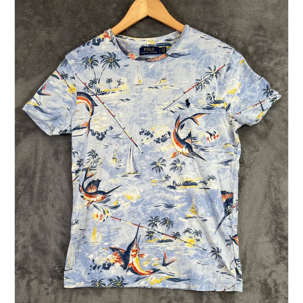 Polo Ralph Lauren T Shirt Mens Small Blue Marlin Sailing Tropical Fishing Pony